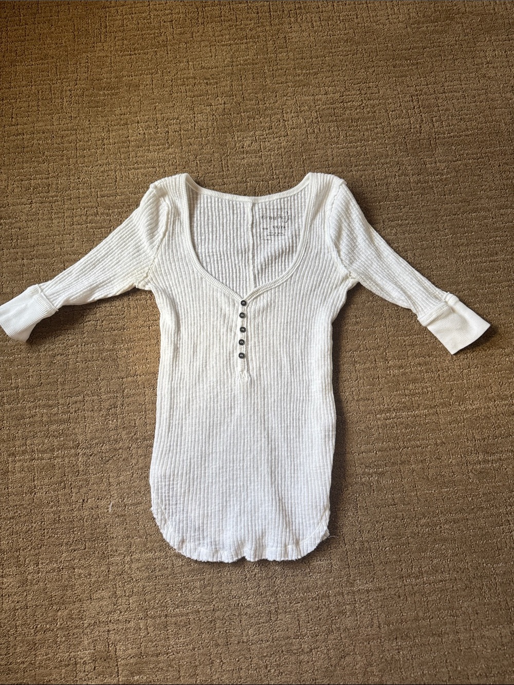 We The Free White Ribbed Henley Scoop Neck Long Sleeve Top